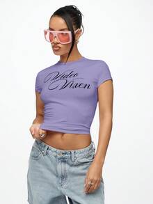 SUMWON WOMEN Video Vixen Retro Script Crop Top With Short Sleeves And Crew Neckline Graphic Tee Style Fitted Cotton Casual - Lilac Purple - View 4