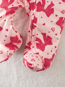 SHEIN Dozemod Kids Newborn Baby Girl Minimalist Bow Pattern Round Neck Long Sleeve Zipper Front Knit Jumpsuit Pajamas - Pink - View 6