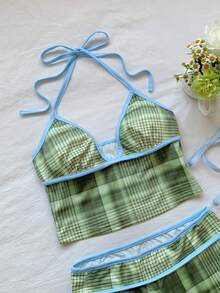 Comfortcana 女士格子露背系带上衣和短裤两件套，休闲日常穿着 - 綠色 - 查看 6