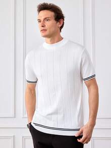 Officeau Camisa de punto casual y refinada de estilo caballero retro con cuello alto, manga corta, de punto acanalado y con rayas de contraste, corte slim para hombre, diseño de hombre de dinero antiguo - Champán - Ver 4