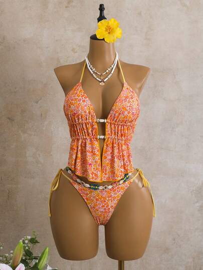 Bellisia 女士两件套印花串珠露背抽绳泳裤套装，夏季