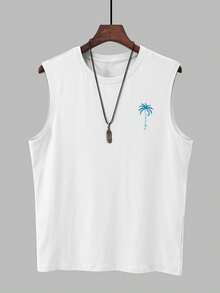 Manfinity Chillmode 男士棕榈树印花圆领休闲百搭背心 - 白色 - 查看 2