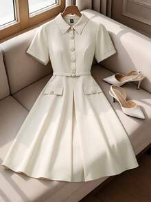 Franclia Vestido mini de manga corta con cuello de camisa, botones metálicos, cintura ajustable con cordón, bolsillos y pliegues delanteros para mujer de talla grande. Elegante, de estilo romántico francés, versátil para oficina, viajes, playa y ocasiones casuales. Nuevo para primavera/verano. - Albaricoque - Ver 1