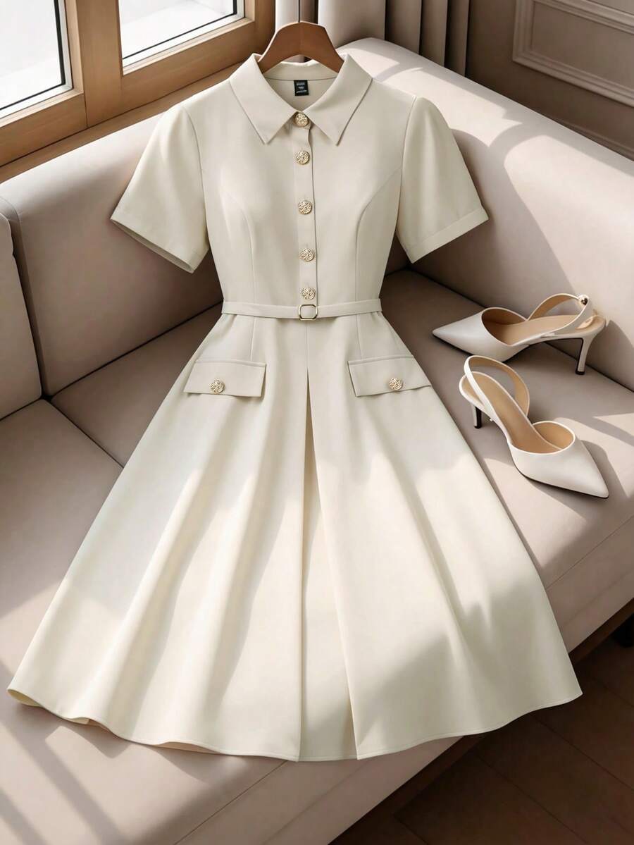 Franclia Vestido mini de manga corta con cuello de camisa, botones metálicos, cintura ajustable con cordón, bolsillos y pliegues delanteros para mujer de talla grande. Elegante, de estilo romántico francés, versátil para oficina, viajes, playa y ocasiones casuales. Nuevo para primavera/verano. - Albaricoque - Ver 1