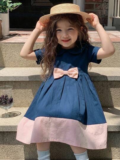 DAZY Đầm dự tiệc trang trọng kiểu Hàn Quốc cho bé gái, cổ bẻ, phối màu tương phản và nơ, trang phục sinh nhật thanh lịch.