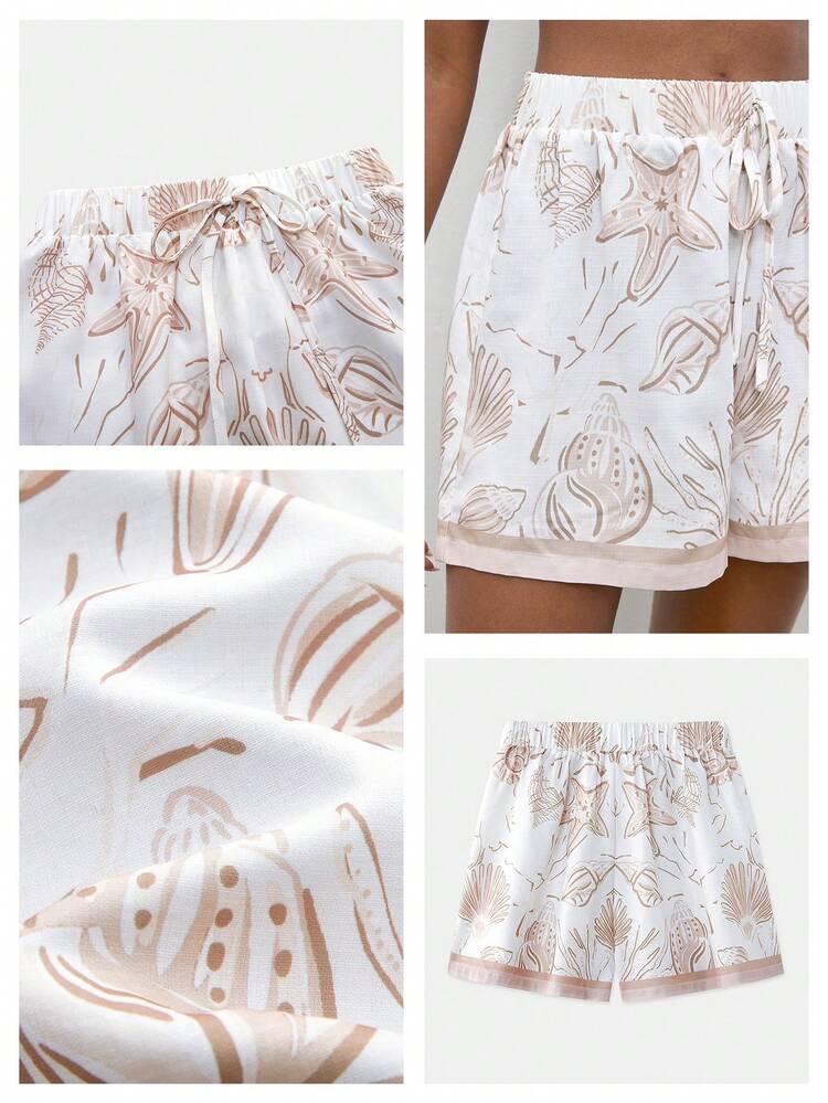 SHEIN Maija Women's Starfish Pattern Tie-Waist Casual Vacation Shorts,Going Out Outfits,Casual Outfit For Women,Summer Holiday Outfits ,Beach Vacation Outfits For Women,Vacation Outfits Women,Summer Holiday Outfits ,Beach Vacation Outfits For Women Printed Shorts Lace Up Shorts Women's Shorts Summer Short Outfits For Women Woman Summer Outfits
