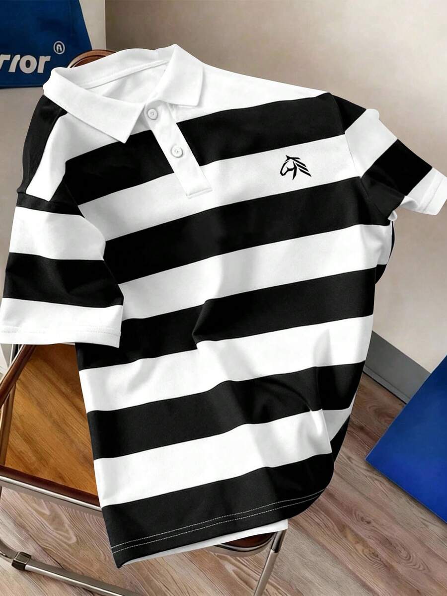 Manfinity Joysei Men's Classic Black & White Striped, Horse Head Sketch Print Polo Shirt - Black and White - View 1