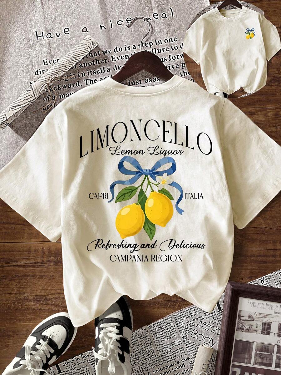 EMERY ROSE 女士休闲柠檬字母印花圆领短袖T恤，适合夏季度假和日常通勤 - 杏色 - 查看 1