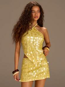 Athîral Women's Casual Vacation Yellow Sequin Knit Mini Skirt, Suitable For Beach, Party - Pale Yellow - View 3