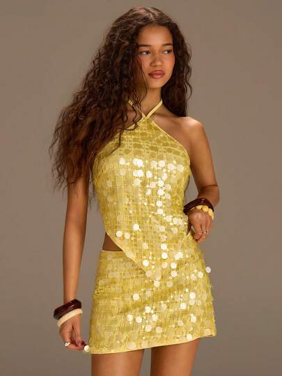 Athîral 女士休闲度假黄色亮片针织迷你裙，适合海滩、派对等场合