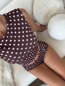 CovetEZ 2026 春季复古 2000 年代乡村音乐节套装，可爱复古风上衣，不对称肩部荷叶边衬衫和短裤，休闲波点女装 - 咖啡棕 - 查看 5