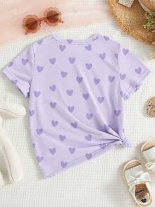 Estilos de verano acogedores Camiseta básica corta y relajada con estampado de personaje de dibujos animados de grupo de chicas virtuales, corazón morado, estrella de cinco puntas y eslogan colorido, para uso diario, adecuada para primavera y verano, ropa de niña bebé - Multicolor - Ver 2