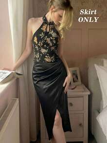 SHEIN MOD 女士时尚不对称下摆缎面半身裙，开衩半身裙，优雅半身裙，适合婚礼及活动、外出、派对、嘉年华服装、毕业典礼半身裙、奢华晚宴、黑色半身裙、婚礼宾客、外出等场合 - 黑色 - 查看 2