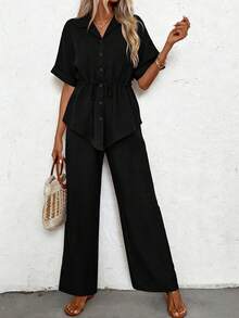 Louniche Conjunto de 2 piezas de camisa y pantalones de unicolor con cordón en la cintura, estilo casual de verano - Negro - Ver 4