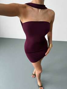 Aloruh 女士新款针织紧身性感露背迷你连衣裙，紫红色连衣裙/夜店装/派对装/夏季迷你裙 - 中紫紅色 - 查看 7