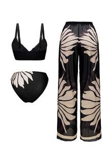Swim Oasis Costume de baie de plajă pentru femei, model vacanță de vară, alb-negru, cu imprimeu, pantaloni largi din plasă, costum de baie din 3 piese - Alb-negru - Vizualizare 2