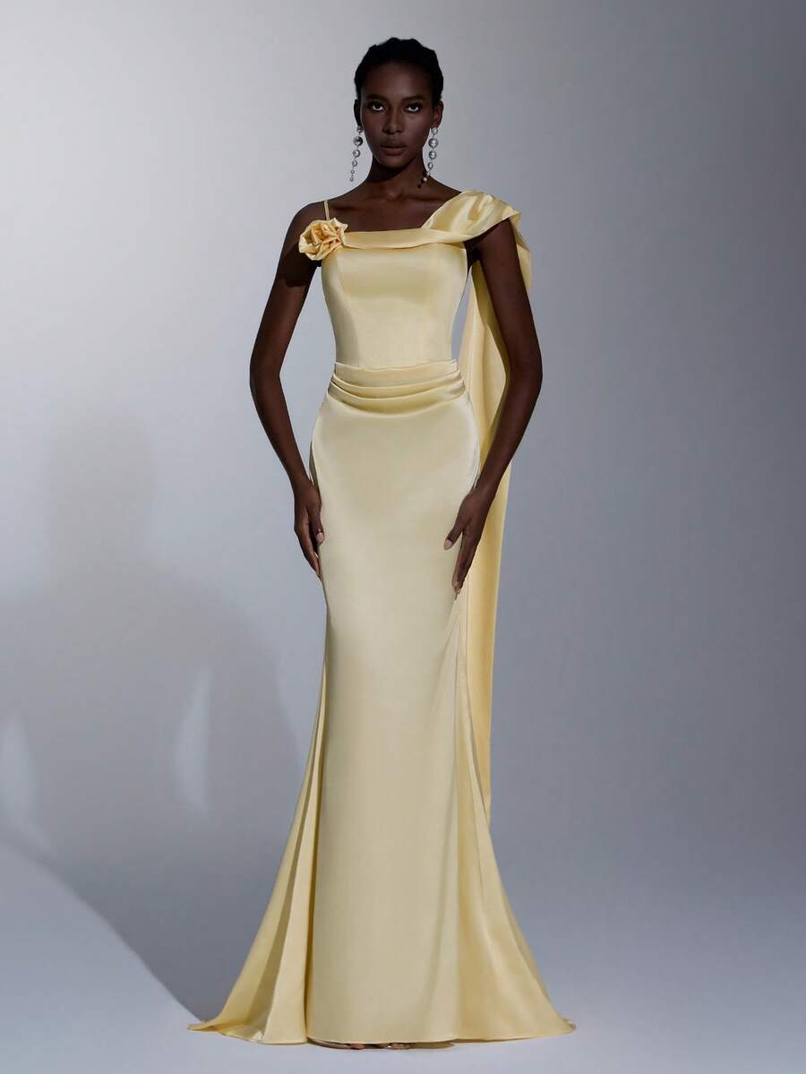 Elitara Elegant Champagne Spring Formal Party Prom Satin Slip Dress,Handmade Floral Decor,Extra Long Flowing Panels,High Waist Pleated Fish Tail Hem - Yellow - View 1