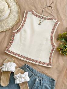 Franclia Plus Size Women Summer Bohemian Ivory Printed Sleeveless Jacket - Beige - View 2