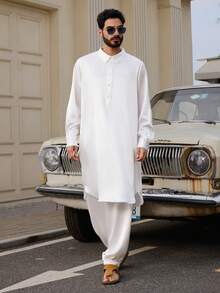 DAZY Spring Long Sleeve Robe & Pants Set, Middle Eastern Style White Robe & Shirt For Men Summer - White - View 4