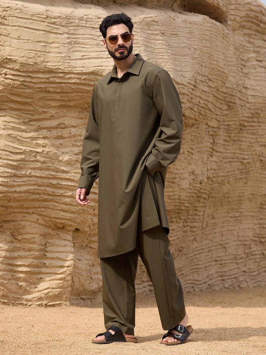 DAZY Men's Spring Military Green Robe Shirt And Pants Set Summer - Army Green - View 1