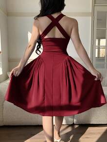 Đầm midi nữ màu trơn, cổ yếm, hở lưng, thanh lịch - Màu Đỏ Sâu - Xem 3