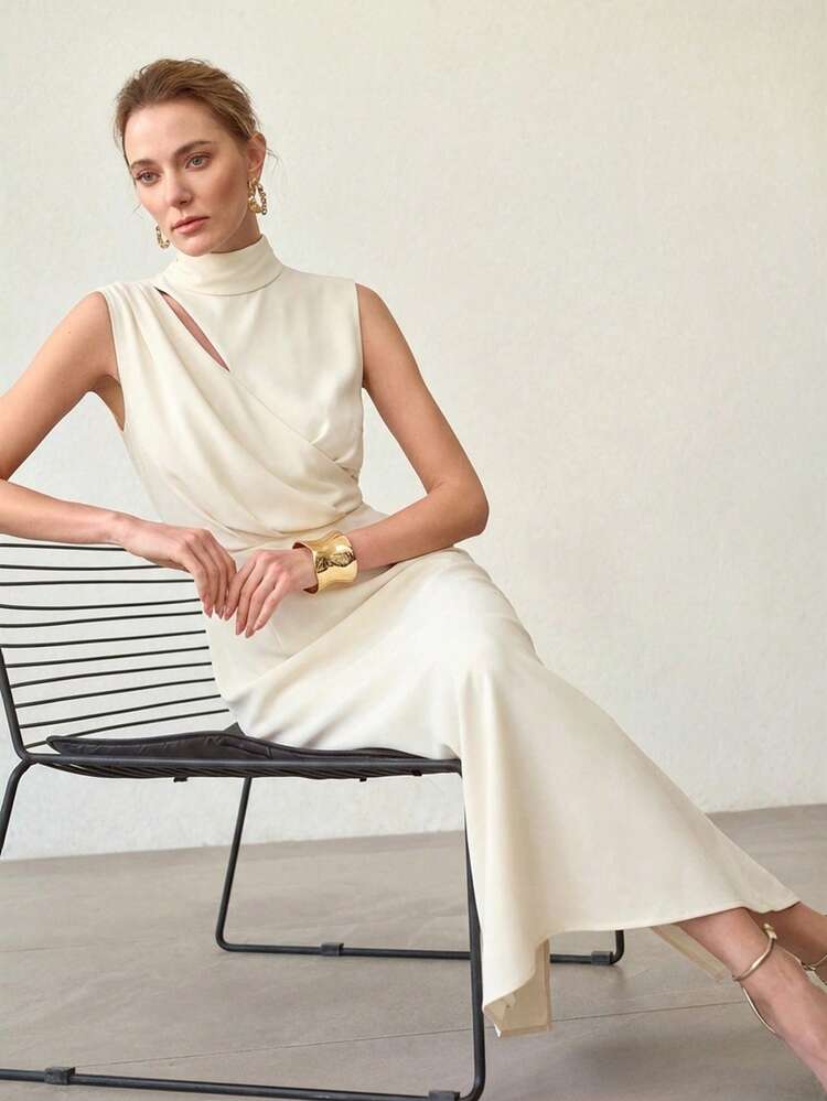 ELEGANT RUCHED WAIST SPLIT HEM BACK DRESS, SPRING/SUMMER