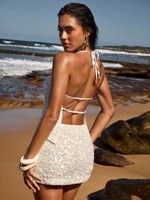 SHEIN BAE Chân váy ngắn đính hạt sang trọng dành cho nữ, thích hợp cho kỳ nghỉ biển, tụ họp bạn bè, lễ hội âm nhạc, hẹn hò lãng mạn, tiệc bãi biển, tiệc cocktail, màu mơ. - Màu be - Xem 3