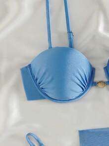 Costavie Swim Bonvoyette 三件套泳衣，纯色网纱面料，金色贝壳装饰，钢圈文胸，比基尼泳裤和裙子，性感女士泳装三件套，适合春夏度假 - 藍色 - 查看 6