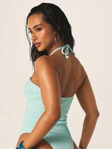 MISSGUIDED Halter Neck One Piece Swimsuit With Starfish Embellishment Ribbed Texture Summer Beach Vacation Swimwear - Mint Blue - View 2
