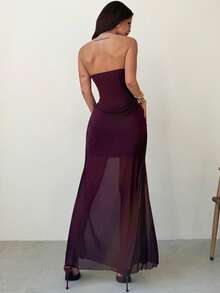 Firerie Women's Elegant Romantic Strapless Ruched Dress With Mesh Overlay, Suitable For Wedding - Red Violet - View 10