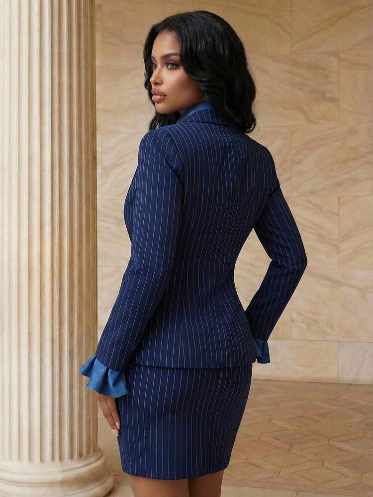 Retro Chic Urban Elite Navy Blue & White Stripe Contrast Waist Suit Jacket For Women
