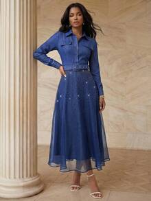 Anewsta 现代女士牛仔衬衫拼接水钻网纱开衩长裙 - 藍色 - 查看 6