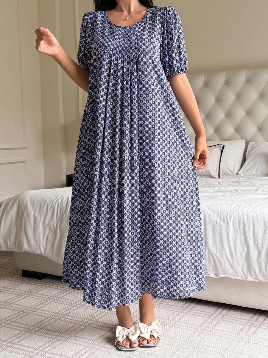 DAZY Floral Print Loose Short Sleeve Dress, Women Summer Sleepwear - Blue - View 1