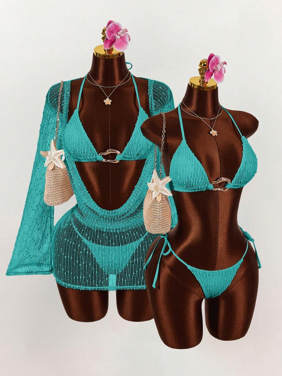 Amplova 3件套女士性感挂脖比基尼套装 - 上衣、下装和罩衫 - 水鴨藍 - 查看 1