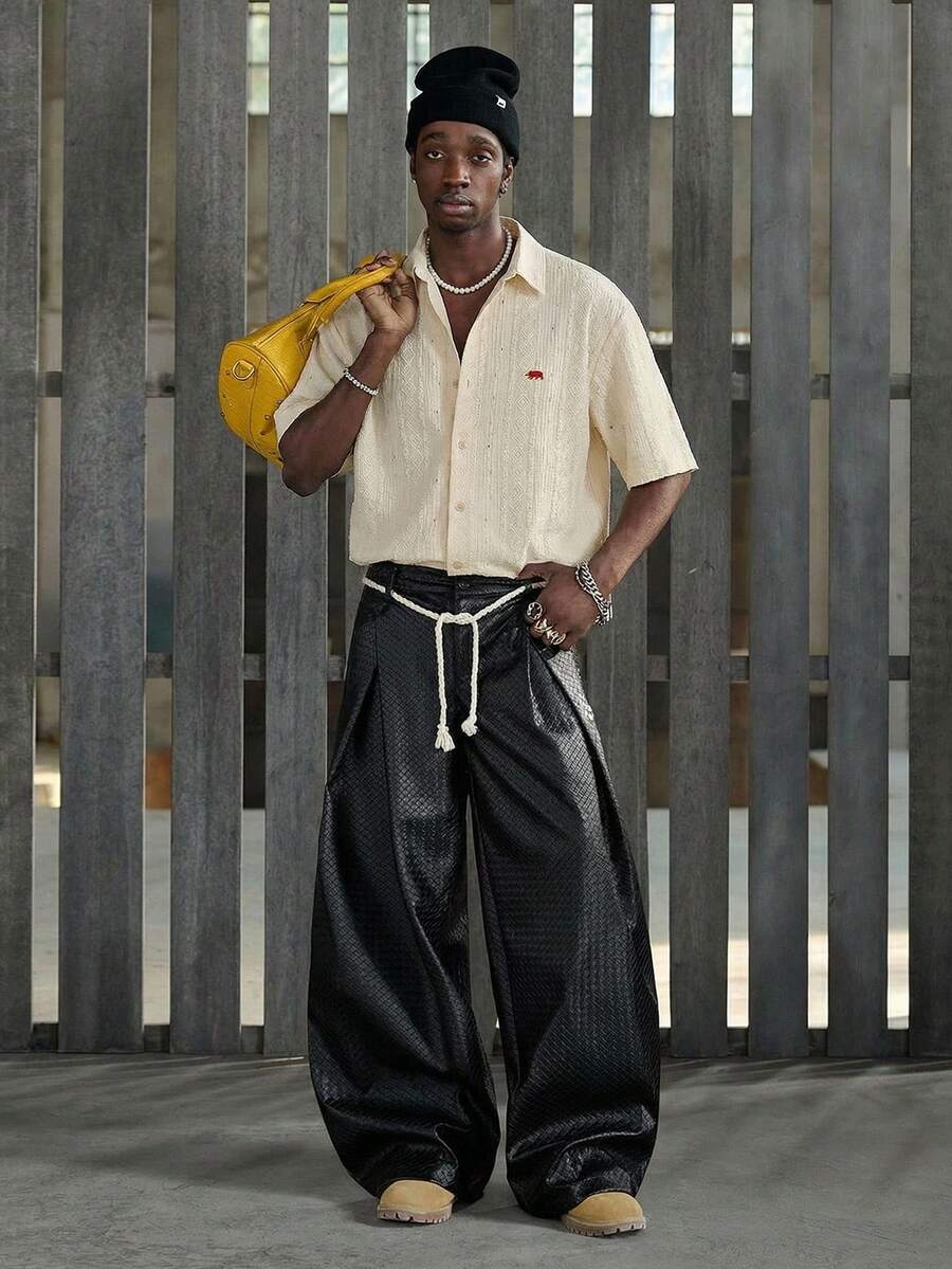 NEON BLANC 男士休闲宽松提花落肩短袖衬衫，米色 - 米色 - 查看 1