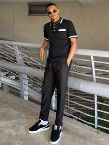 Ngobest Haus Ngobest Haus 男士撞色飾邊 Polo 衫 - 黑色 - 查看 1