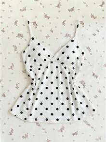 女士白色波点V领休闲吊带背心，适合海滩度假、音乐节等场合，甜美清新，可调节细肩带，春夏款 - 黑與白 - 查看 4