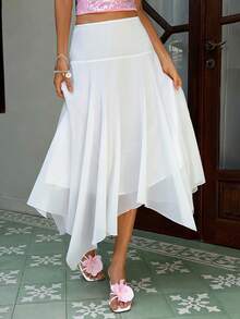 MainGRL 女士白色不对称下摆飘逸雪纺半身裙，适合春夏度假穿着 - 白色 - 查看 1