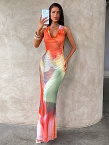 Aloruh Elegant Sexy Pastal Summer Casual Vacation Goddess Halter Backless Deep Draped Neck Floral Mesh Print Bodycon Maxi Dresses For Women Golf - Multicolor - View 7