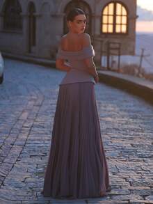 Aureia Elegant Light Gray-Purple Off Shoulder Neckline Pleated Unique Special Design Hem Luxurious 3D Embroidered Faux Pearl Super Large Chiffon A-Line Dress, Suitable For Dates, Vacations, Singles Parties, Weddings, Women's Evening Gown - Dusty Purple - View 3