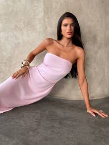 Aloruh 女士纯色褶皱无肩带修身优雅连衣裙 - 白色 - 查看 5