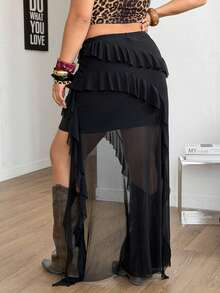 Coolane Falda larga asimétrica con volantes y flecos, de tela de malla transpirable, de estilo boho, Y2K, country, para conciertos y vacaciones, para mujer de talla grande - Negro - Ver 2