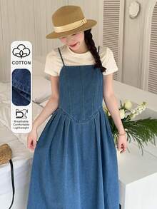 DAZY 女士牛仔吊带连衣裙，韩版水洗优雅长裙 - 中等水洗藍 - 查看 1