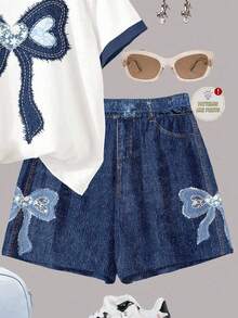 牛仔蓝，复古拼接蝴蝶结设计，少女休闲宽松圆领短袖T恤短裤两件套，适合春夏日常、居家、度假、校园、假日穿着，少女套装，青少年春夏服装，时尚新潮，春夏潮流，度假风，休闲舒适。 - 彩色 - 查看 5