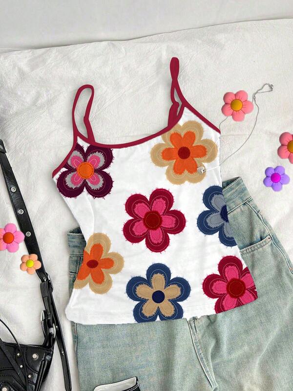 Tween Girl Fitted Casual Cute Textured Ditsy Floral Camisole Top, Vintage Red Ditsy Floral, Countryside Vacation Style, Suitable For Summer, Travel, Vacation, Layering