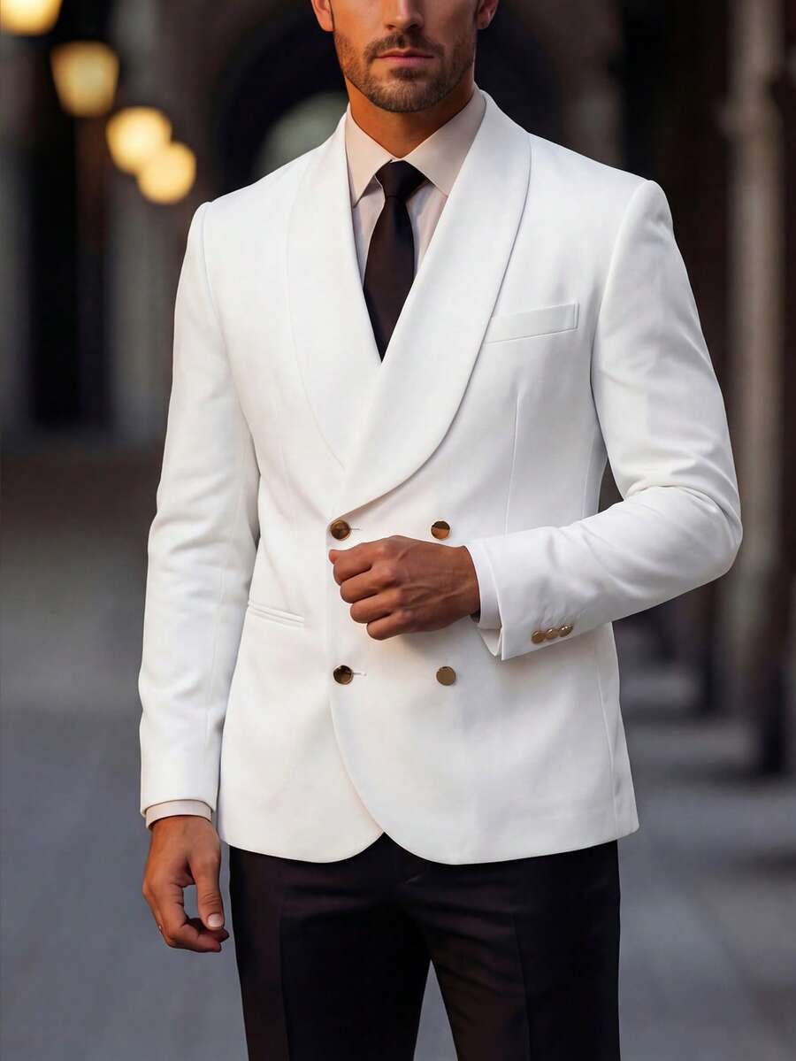 Manfinity Bizformal 男士商务正装披肩领双排扣西装套装，适合工作、婚礼等场合。 - 白色 - 查看 1