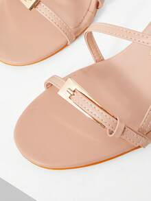 Mnmlis Sandalias romanas de moda vanguardista para mujer con punta redonda, hebilla, tacón pegajoso y correa trasera con hebilla - Albaricoque - Ver 4