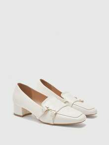 CUCCOO BIZCHIC Women's Fashion Chunky Heel Loafers, Metal Buckle Square Toe Shoes - Beige - View 2