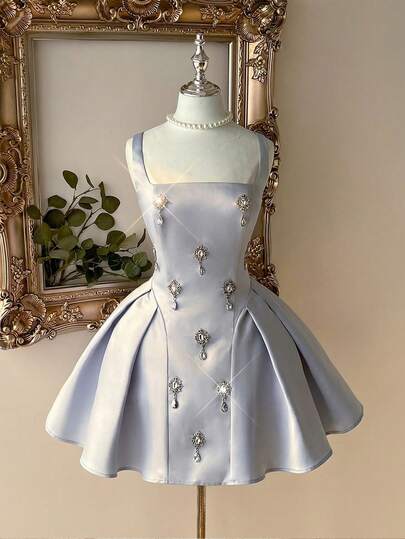 Lovelzi Elegant, Glamorous, Romantic, And Stylish, This Light Sky-Blue Luxury Satin Gown Features Handcrafted Rhinestone Embellishments, Wide Shoulder Straps, A Back Tie Detail, An A-Line Silhouette, And A Short Length. Suitable For Formal Occasions, Wedding Guests, And Elaborate Ball Gowns.