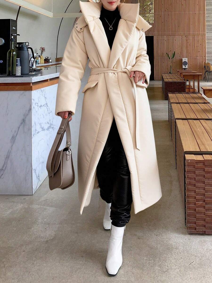 EURMUSE Gegürteter Maxi-Wintermantel, oversized warme gesteppte Jacke mit hohem Kragen und abnehmbarer Kapuze, Must-Have für den Winterstil auf der Straße, kuschelige Statement-Outerwear für kalte Tage, langgeschnittener Schnitt für einen urbanen Look, modischer schneebereiter Mantel für Gen Z Mädchen - Beige - Übersicht 1